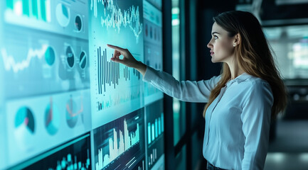 A professional woman in business attire stands before an interactive digital wall displaying various graphs and charts with data visualization graphics.