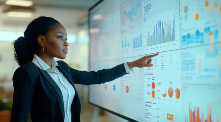 A professional woman in business attire stands before an interactive digital wall displaying various graphs and charts with data visualization graphics.