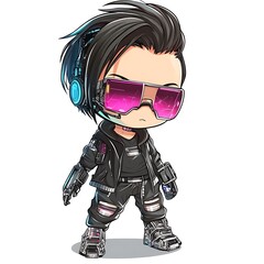 Chibi Character Illustration,  Cyber Punk Gamer with Headphones and Sunglasses