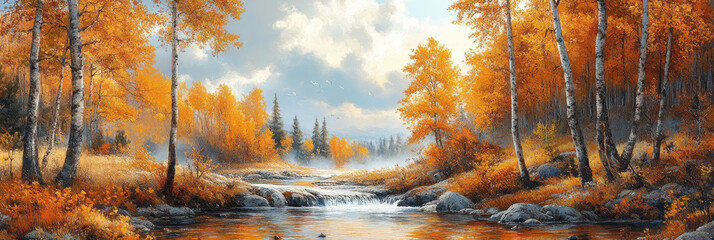 Obraz premium A serene autumn forest scene with a cascading river.