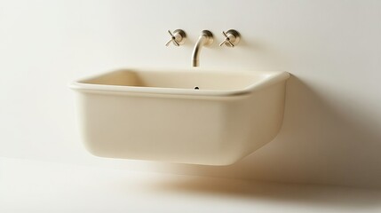 A farmhouse-style apron sink made of ceramic is positioned against a soft, neutral backdrop, emphasizing its rustic charm and spacious basin. This elegant sink design adds a touch of country warmth to