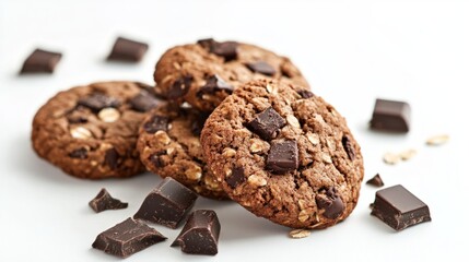 Fototapeta premium Oatmeal cookies with dark chocolate chunks, white background. generative ai