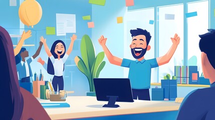 Cheerful Office Colleagues Celebrating Success With Raised Hands