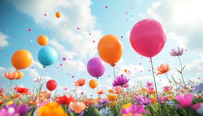Fototapeta premium Cheerful spring party scene with colorful balloons and a beautiful flower field, providing ample copy space for party invitations and messages