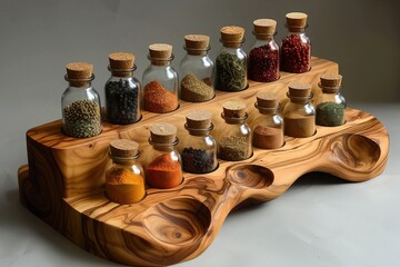Display of various spices in glass jars on a wooden rack