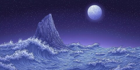 Mysterious Ocean Wave Scene Under Moonlight with Surreal Shark Fin Rock Formation and Swirling Water in Soothing Blue Tones