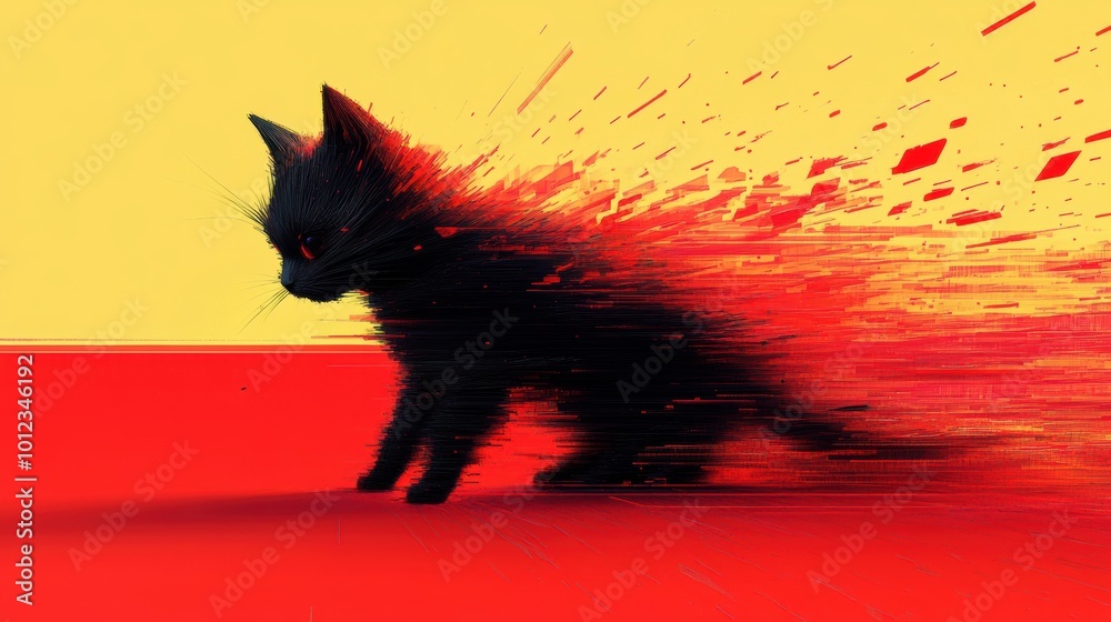 Canvas Prints A black cat with red eyes and a splash of paint on it, AI