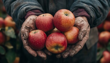 Closeup of red apples being picked by the hands of an experienced farmer, focusing on organic food and farming concepts