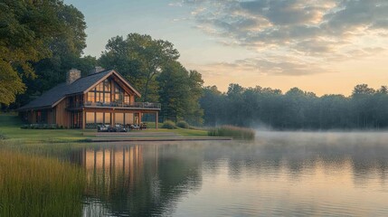 Fototapeta premium A modern wooden cabin on a lake with mist rising from the water at sunrise.