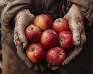 Closeup of weathered hands of an elderly farmer picking red apples, highlighting organic farming and harvest themes