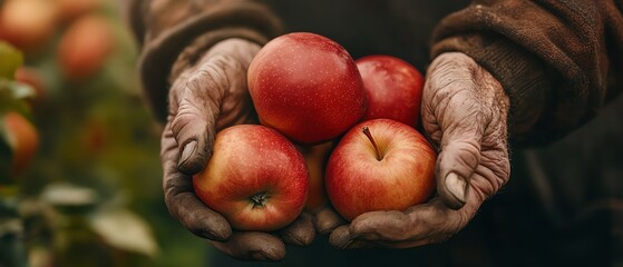 Detailed closeup of aged farmer hands selecting ripe red apples, showcasing organic fruit harvesting and farming practices