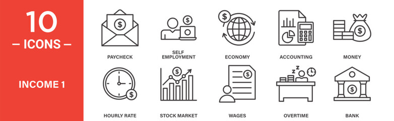 Income Icon Set with Paycheck and Accounting Symbols in Outline Style