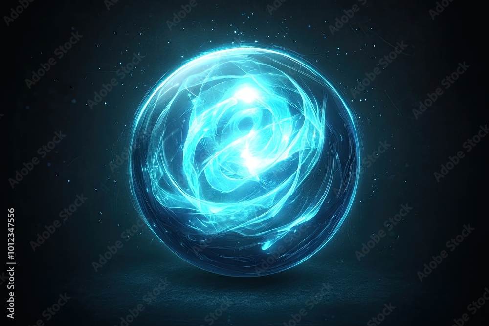 Poster Luminous Blue Orb of Magical Energy Swirls in the Dark, Creating a Mesmerizing Spectacle