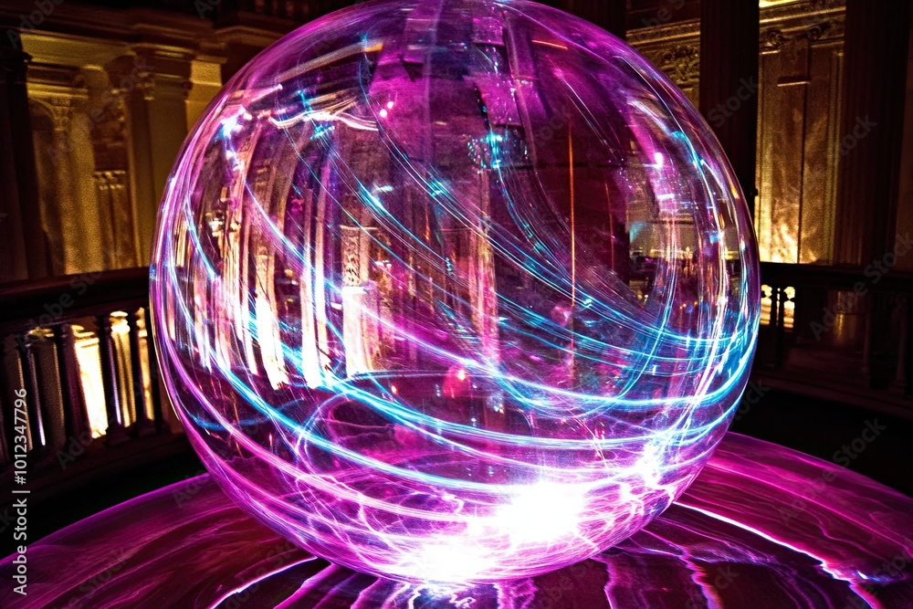 Poster vibrant sphere of sound visualized as interactive plasma in a mesmerizing artistic environment