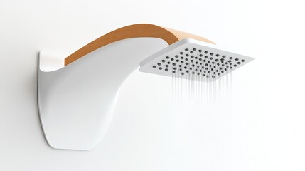 A sleek, modern shower head featuring a rainfall design is isolated against a clean white background, emphasizing its elegant curves and contemporary aesthetic. This stylish fixture enhances any bathr
