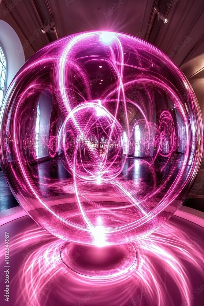 Poster vibrant sphere of sound transforms energy into stunning interactive visuals in an art exhibit