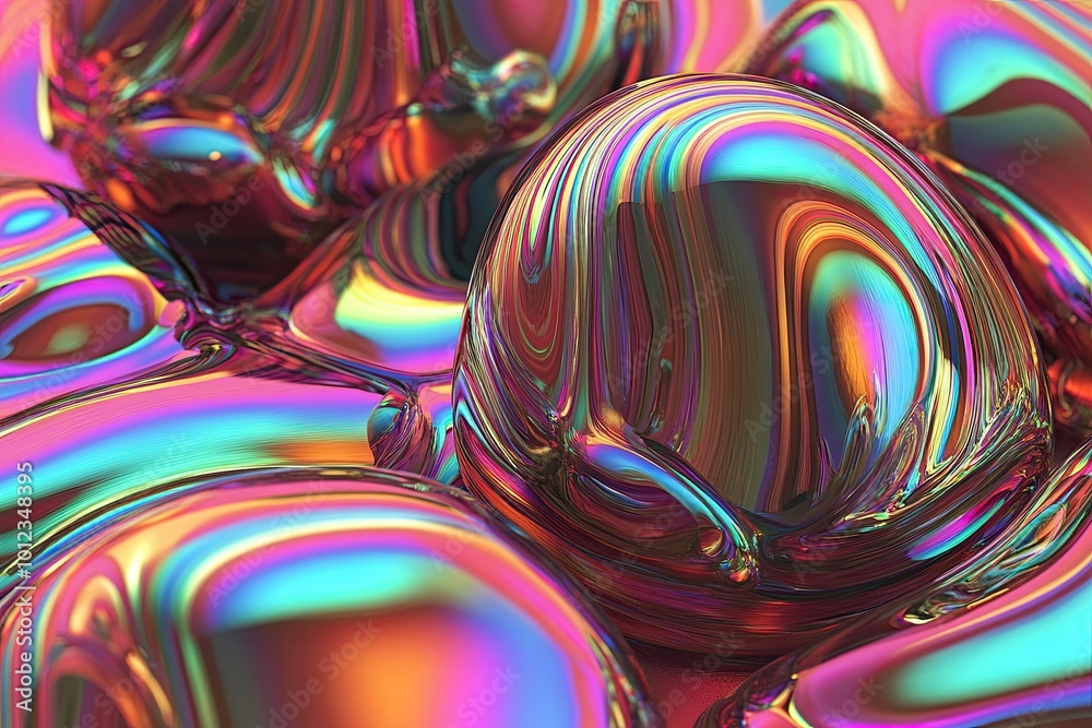 Aufkleber holo abstract shapes with a chrome effect reflecting vibrant colors in a still composition
