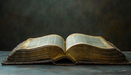 Obraz premium Open holy book on a grey surface with ample copy space banner background, ideal for inspirational or religious content