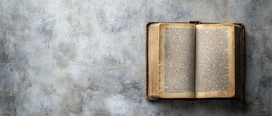 Open holy book on a neutral grey background, featuring a banner with ample copy space for customized religious or inspirational text