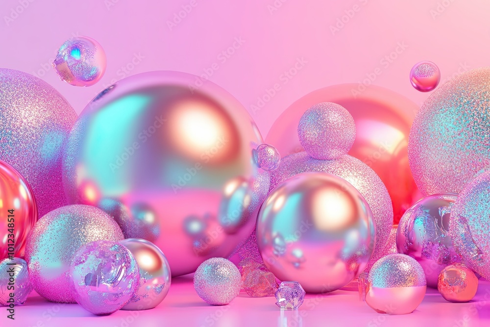 Poster Shimmering Chrome Effect Abstract Shapes in a Vibrant Gradient Background