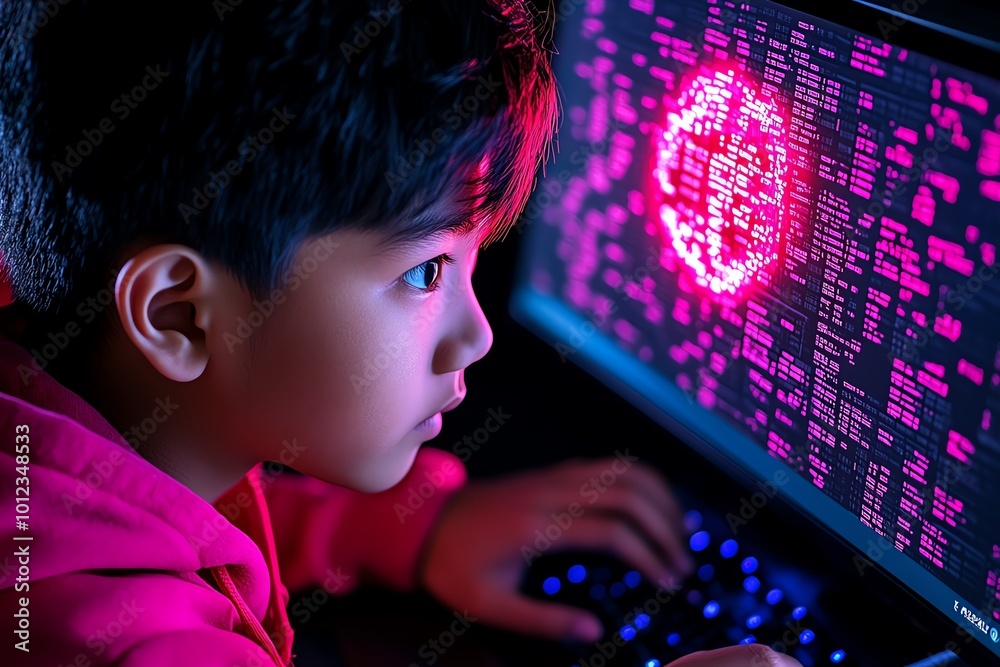 Poster a person accessing a stolen database on the dark web, with a neon glow reflecting from the screen, r