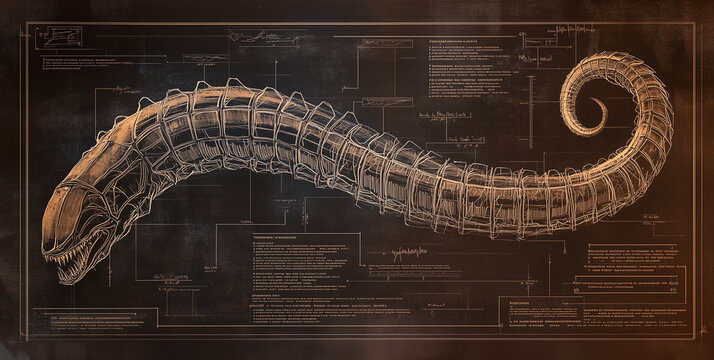 A diagram of a sand worm or graboid -  Anatomical drawing of a Alitta virens  - medical style intricate drawing of a magical fantasy character engineering study
