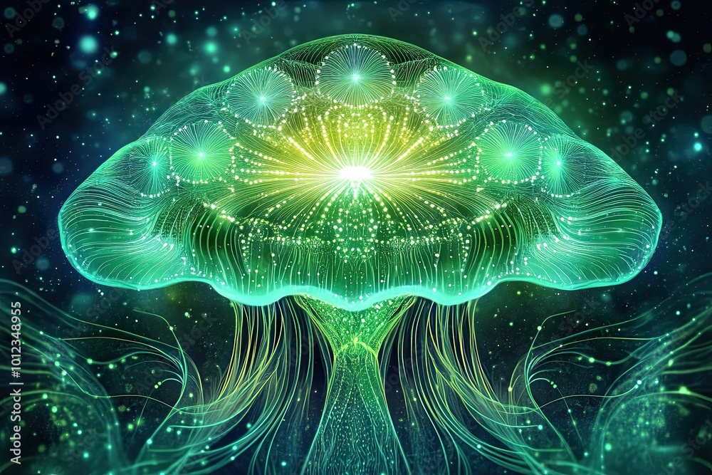 Aufkleber Harmonious Jellyfish With Ethereal Colors and Sacred Geometry Floating in Space at Twilight