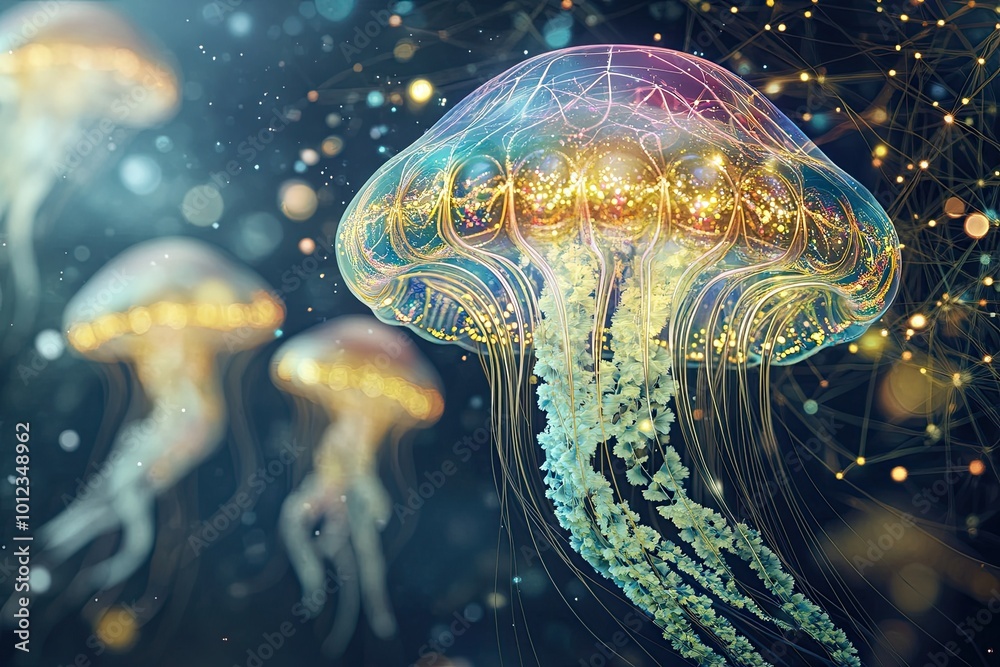 Poster Jellyfish Float in a Colorful Cosmic Space With Sacred Geometry Patterns
