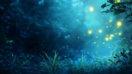 A soft, glowing fireflies in a dark forest with a clear space for text