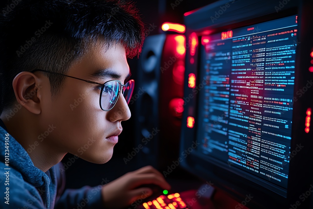 Poster A person accessing a stolen database on the dark web, with a neon glow reflecting from the screen, representing the illegal trade of personal data