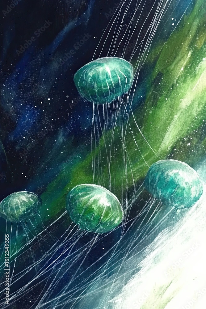 Poster Ethereal Jellyfish Float Gracefully Through the Vibrant Expanse of Mystical Space