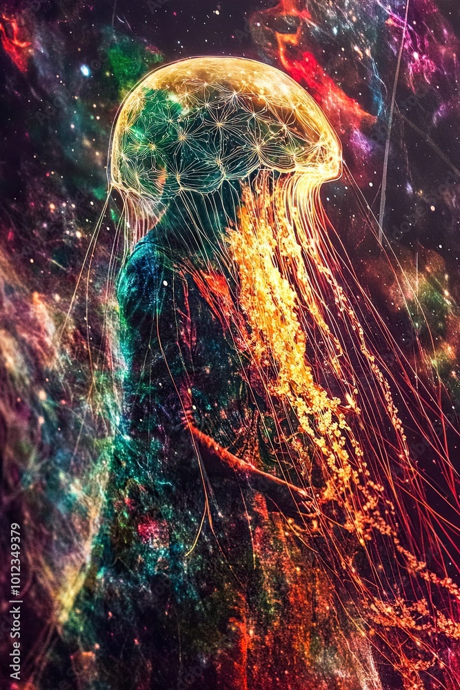 Aufkleber Colorful Jellyfish Floating in a Cosmic Landscape Surrounded by Vibrant Patterns and Geometry