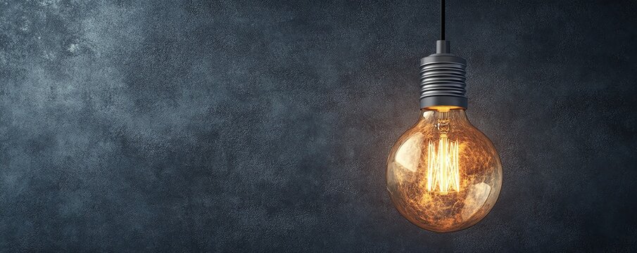 Ceilinghung vintage light bulb glowing warmly, with a cool grey background and plenty of copy space for customization