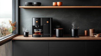A modern kitchen counter with a coffee maker brewing a cup of coffee, steam rising from the cup, with two mugs and kitchen utensils on a wooden countertop.