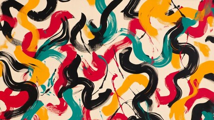 Obraz premium Abstract background with vibrant paint strokes in yellow, black, red, and blue on a cream background.
