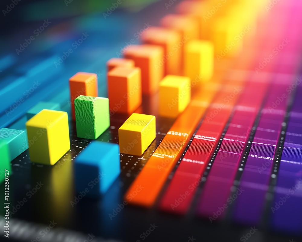 Poster engaging bar charts with multiple colors showing stock market fluctuations or colorful financial dat