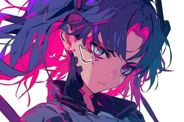 Naklejka premium Cyberpunk anime girl with pink hair and blue eyes