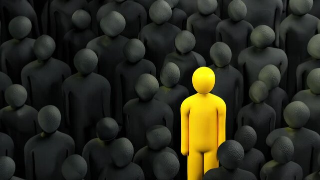 Unique and talented person stands out form crowd, yellow people figure leader, symbolizing individuality