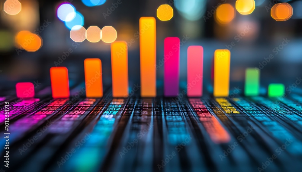 Poster stock market investment bar charts with many colors showing up and down trends, ideal for colorful f
