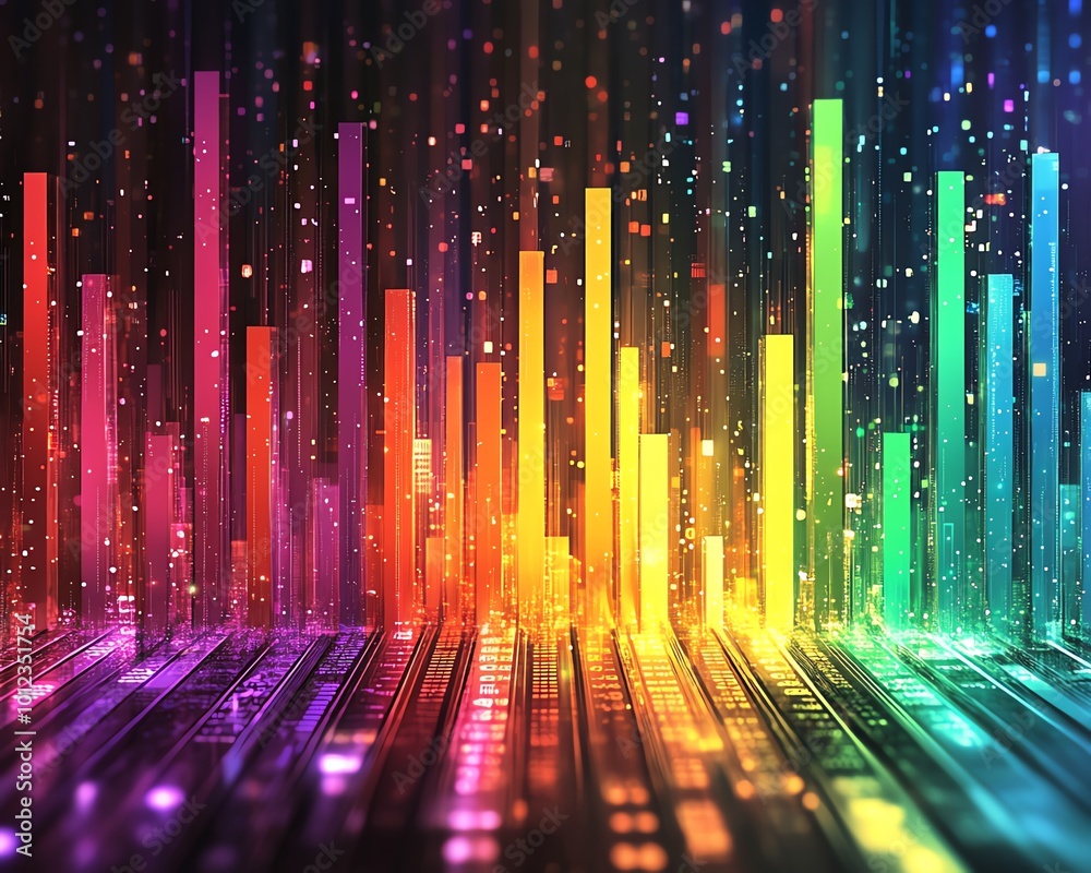 Poster stock market investment bar charts with many colors showing up and down trends, ideal for colorful f
