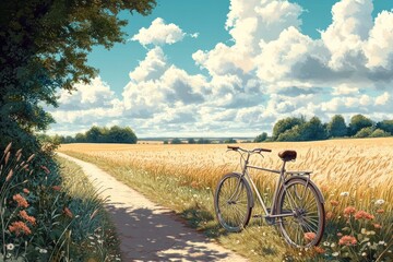 Obraz premium A bicycle leans against a dirt path lined with wildflowers leading into a field of golden wheat. A blue sky dotted with fluffy clouds hangs overhead, casting a warm, sunny glow on the scene.