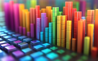 Obraz premium Stock market investment bar charts with many colors showing up and down trends, ideal for colorful financial data