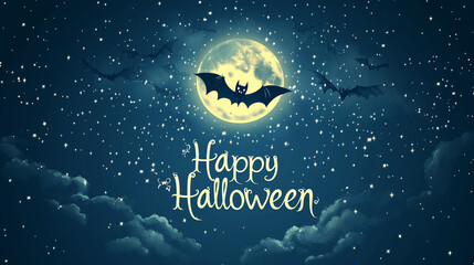 Fototapeta premium A night sky filled with stars and a glowing moon, with a bat silhouette and 