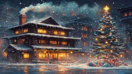 Cozy Wooden Chalet Decorated for Christmas with Illuminated Tree in Snowy Night Scene, Ideal for Holiday Cheer and Winter Magic