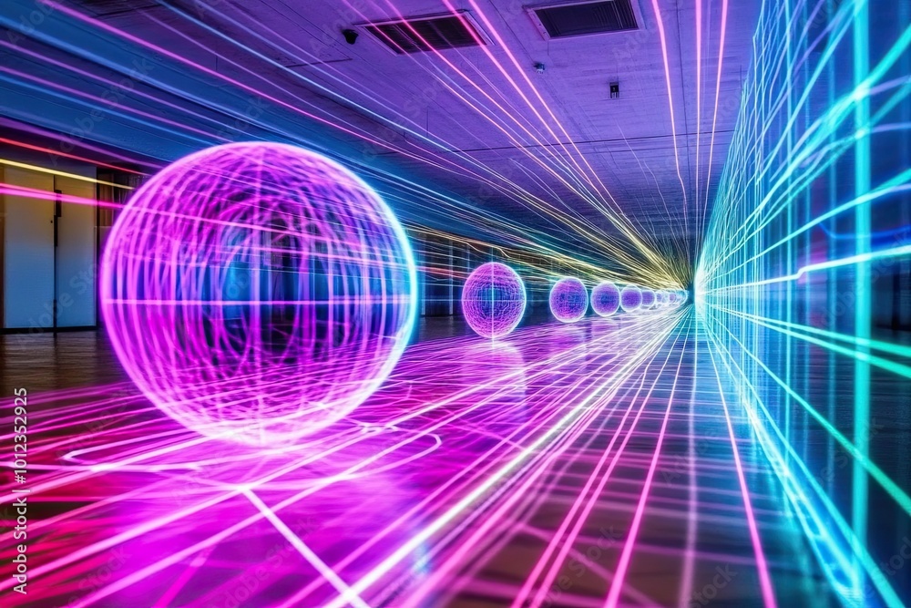 Poster Exploring Quantum Entanglement Through Vibrant Visualizations in a Futuristic Setting