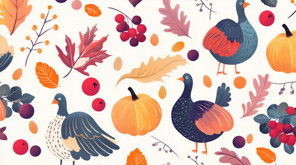 A playful pattern of turkeys, pumpkins, and cranberries with a banner text in the middle. Flat illustration, thanksgiving