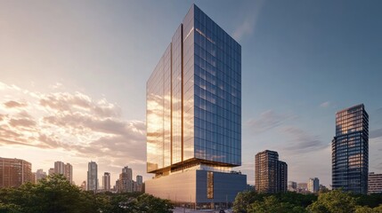 Contemporary glass skyscraper with sleek architecture, reflecting the sunset, set against a city skyline with surrounding high-rise buildings.
