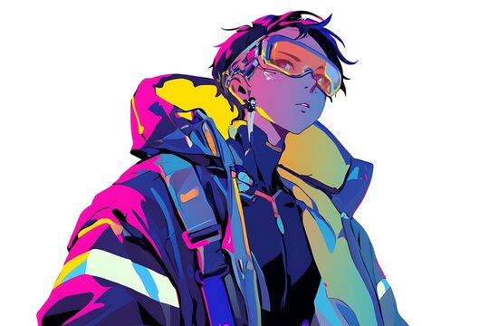 Anime cyberpunk character with futuristic goggles and colorful clothing
