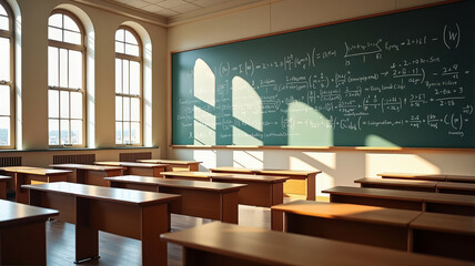 Empty lecture hall or conference room with rows of wooden desks and large green chalkboard covered in mathematical equations with sunlight filtering through tall windows.