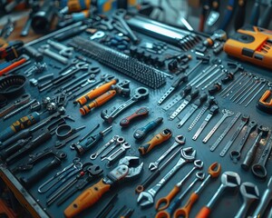 Fototapeta premium Tools and equipment with sleek designs, modern and functional, Urban, Cool tones, Photograph, Industrial tools